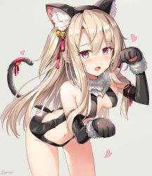 Rule 34 | 1girl, animal ear headwear, animal ears, bad id, bad twitter id, bell, black gloves, blonde hair, blush, breasts, cat girl, commentary request, covered erect nipples, dangerous beast (illya), elbow gloves, fake animal ears, fate/grand order, fate/kaleid liner prisma illya, fate (series), female focus, gloves, hair between eyes, heart, highres, illyasviel von einzbern, leaning forward, long hair, looking at viewer, navel, open mouth, paw gloves, paws, red eyes, rin yuu, simple background, small breasts, solo, tail, very long hair