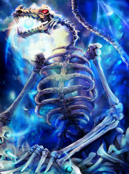 Rule 34 | blue theme, dragon, kamigoku no valhalla gate, kapikun (karsen513), no humans, original, pile of skulls, red eyes, shingoku no valhalla gate, skeleton, standing