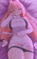 Rule 34 | 1girl, animal collar, animal ear fluff, animal ears, bare shoulders, black sports bra, blush, breasts, butterfly tattoo, collar, goddess of victory: nikke, hair between eyes, hair intakes, highres, large breasts, leona (nikke), long hair, looking at viewer, lying, omochi popo, open mouth, pink hair, print sleeves, shirt, sideboob, sideless dress, sideless outfit, sideless shirt, sidelocks, sleeveless turtleneck dress, solo, sports bra, tattoo, thighs, turtleneck, turtleneck shirt, white sleeves, wrist cutout, wrist tattoo, yellow eyes
