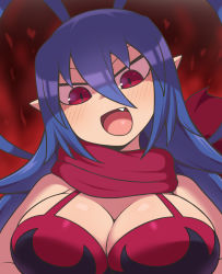 Rule 34 | 1girl, :d, antenna hair, blue hair, breasts, cleavage, disgaea, disgaea d2, fang, hair between eyes, head tilt, highres, laharl, laharl-chan, large breasts, long hair, looking at viewer, open mouth, pointy ears, rantana (lalalalackluster), red scarf, scarf, smile, solo, upper body