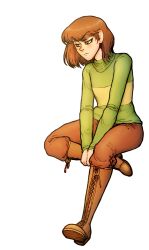Rule 34 | androgynous, blush, boots, brown eyes, brown hair, chara (undertale), cross-laced footwear, frown, full body, gender request, highres, knee boots, lace-up boots, crossed legs, looking down, moonywitcher, short hair, simple background, sitting, solo, spoilers, striped, undertale, v arms, white background