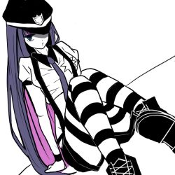 Rule 34 | 10s, 1girl, alternate costume, blue eyes, boots, colored inner hair, fujimoto (rulahlah), hat, multicolored hair, panty &amp; stocking with garterbelt, solo, spot color, stocking (psg), striped clothes, striped thighhighs, suspenders, thighhighs, two-tone hair