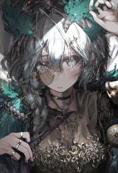 Rule 34 | 1girl, absurdres, arm up, bell, braid, choker, collared shirt, gaku, glasses, grey eyes, grey hair, hair bell, hair ornament, hairclip, highres, jewelry, messy hair, monocle, original, parted lips, pocket watch, ring, shirt, side braid, solo, upper body, watch