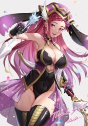 Rule 34 | 1girl, absurdres, animal ears, arrow (projectile), black leotard, black thighhighs, boots, bow (weapon), braid, breasts, choker, cleavage, commission, covered navel, fake animal ears, female focus, fire emblem, fire emblem heroes, hair ornament, highleg, highleg leotard, highres, holding, holding arrow, holding bow (weapon), holding weapon, huge filesize, iria (yumeirokingyo), large breasts, leotard, loki (fire emblem), long hair, looking at viewer, matching hair/eyes, nintendo, official alternate costume, open mouth, playboy bunny, purple eyes, purple hair, rabbit ears, signature, skeb commission, smile, solo, thigh boots, thighhighs, upper body, weapon