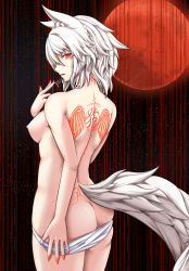 Rule 34 | 1girl, animal ears, ass, back tattoo, breasts, butt crack, fingernails, from behind, full moon, highres, inubashiri momiji, inyuppo, looking at viewer, looking back, medium breasts, moon, nail polish, nipples, open mouth, panties, panty pull, pulling own clothes, red eyes, red moon, red nails, saliva, saliva trail, solo, tail, tattoo, topless, touhou, tramp stamp, underwear, underwear only, white hair, white panties, wolf ears, wolf tail
