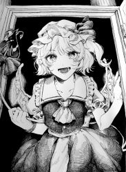 Rule 34 | 1girl, :d, absurdres, ascot, collarbone, cowboy shot, crystal, doorway, fang, flandre scarlet, frilled shirt collar, frills, greyscale, hands up, hat, hat ribbon, highres, holding, holding polearm, holding weapon, laevatein (touhou), laspberry., looking at viewer, lower teeth only, mob cap, monochrome, one side up, open mouth, polearm, ribbon, short hair, skirt, smile, solo, teeth, touhou, vest, weapon, wings