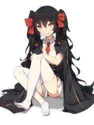Rule 34 | 1girl, :d, black gloves, black hair, cape, full body, girls&#039; frontline, gloves, hair between eyes, hair ribbon, highres, long hair, looking at viewer, necktie, no shoes, open mouth, ribbon, shone, short necktie, simple background, sitting, skirt, smile, solo, thighhighs, twintails, type 97 (girls&#039; frontline), very long hair, white background, white skirt, white thighhighs, yellow eyes