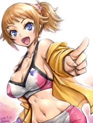 Rule 34 | 10s, 1girl, :d, amania orz, bare shoulders, bike shorts, blue eyes, breasts, brown hair, gundam, gundam build fighters, gundam build fighters try, hoshino fumina, jacket, large breasts, long sleeves, looking at viewer, midriff, navel, off shoulder, open mouth, pointing, ponytail, scrunchie, shiny skin, skindentation, smile, solo, sports bra, two-tone sports bra