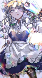 Rule 34 | 1girl, absurdres, apron, black pantyhose, blue dress, blue eyes, bow, braid, breasts, closed mouth, commentary request, contrapposto, cowboy shot, dress, frills, gradient background, green bow, grey hair, hair bow, hand on own hip, highres, holding, holding knife, iridescent, izayoi sakuya, knife, large breasts, looking at viewer, maid headdress, pantyhose, short hair with long locks, side braids, simple background, sizuo 1997619, smile, solo, standing, throwing knife, touhou, twin braids, unconnected marketeers, waist apron, weapon, white apron, white background, white headwear, wing collar