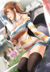 Rule 34 | 1girl, bare shoulders, black thighhighs, blurry, blurry background, blush, breasts, brown eyes, brown hair, cleavage, dress, hair ornament, hair scrunchie, heart, heart necklace, highres, idolmaster, idolmaster cinderella girls, jewelry, large breasts, long hair, long sleeves, mk (mod0), necklace, off shoulder, open mouth, panties, pink panties, pink tank top, scrunchie, shirt, sidelocks, sitting, smile, solo, striped clothes, striped dress, striped shirt, tank top, thighhighs, thighs, totoki airi, twintails, underwear