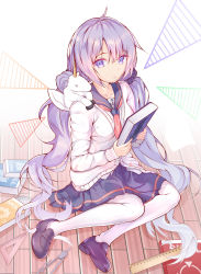Rule 34 | 1girl, ascot, azur lane, black footwear, book, cardigan, commentary, compass (instrument), full body, hair ornament, hair scrunchie, highres, holding, holding book, light smile, loafers, long hair, long sleeves, looking at viewer, low twintails, pantyhose, protractor, purple eyes, purple hair, ruler, sailor collar, scrunchie, shoes, sidelocks, sitting, skirt, solo, stuffed animal, stuffed toy, stuffed winged unicorn, textbook, twintails, unicorn (long-awaited date) (azur lane), unicorn (azur lane), very long hair, white pantyhose, wooden floor, zuu (qq770463651)