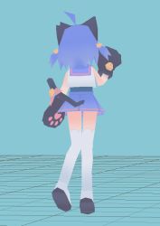 Rule 34 | 1girl, ahoge, animal ears, animal hands, aqua background, bare arms, bell, black gloves, blue hair, blue sailor collar, blue skirt, cat ears, cat girl, cat paws, cat tail, daizu (melon-lemon), facing away, fake animal ears, from behind, full body, gloves, hair ornament, hand up, jingle bell, knees together feet apart, low poly, medium hair, miniskirt, original, paw gloves, pleated skirt, sailor collar, sailor shirt, school uniform, shirt, shoes, simple background, skirt, sleeveless, sleeveless shirt, solo, standing, star (symbol), star hair ornament, tail, tail bell, tail ornament, thighhighs, two side up, white footwear, white shirt, white thighhighs, zettai ryouiki