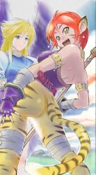 Rule 34 | 2girls, angel wings, animal ears, armlet, ass, bandaged leg, bandages, bare shoulders, belt, belt buckle, blonde hair, bottomless, breasts, breath of fire, breath of fire ii, buckle, capcom, closed mouth, eyebrows, facial mark, feathered wings, feathers, fingerless gloves, fingernails, fur, gloves, green eyes, hair between eyes, hanabusa (xztr3448), highres, legs apart, long hair, looking back, medium breasts, multiple girls, nina (breath of fire ii), purple gloves, purple shirt, purple wings, red belt, red hair, rinpoo chuan, shirt, short hair, slit pupils, smile, staff, standing, tail, teeth, tiger ears, tiger tail, tongue, wings, yellow eyes