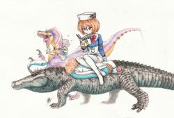 Rule 34 | &gt; &lt;, +++, 10s, 2girls, :/, :d, ^^^, alligator, blanc (neptunia), blue eyes, book, boots, brown hair, closed eyes, closed mouth, coat, corset, crocodilian, crossover, d-pad, dinosaur, dinosaur riding, flying sweatdrops, frilled hat, frills, from side, gauntlets, great jaggi, hair between eyes, hat, highres, holding, holding book, hug, isaki tanaka, monster hunter (series), multiple girls, neptune (neptunia), neptune (series), no shoes, open book, open mouth, pleated skirt, purple hair, riding, sharp teeth, short hair, sidesaddle, simple background, sitting, skirt, smile, teeth, thigh boots, thighhighs, unworn coat, white background, white hat, white legwear, white skirt