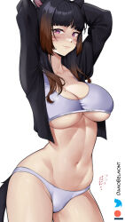 Rule 34 | 1girl, animal ears, arms up, black hair, black jacket, breasts, brown hair, calvin klein, cat ears, commentary, commission, cowboy shot, crop top, cropped jacket, damobelmont, facial mark, final fantasy, final fantasy xiv, gradient hair, grey panties, groin, highres, jacket, large breasts, long hair, looking at viewer, midriff, multicolored hair, navel, open clothes, open jacket, panties, purple eyes, simple background, smile, solo, sports bra, standing, stomach, tail, thighs, twitter logo, underboob, underwear, warrior of light (ff14), whisker markings, white background