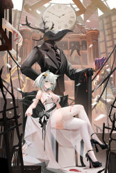Rule 34 | 1girl, absurdres, animal ears, arknights, bare shoulders, black bra, black footwear, black ribbon, bra, breasts, cat ears, cat girl, center opening, chair, cleavage, commentary request, commission, dress, extra ears, flower, full body, garter straps, green eyes, grey hair, hair flower, hair ornament, hair ribbon, heart (organ), high heels, highres, kal&#039;tsit (arknights), large breasts, looking at viewer, material growth, mole, mole on breast, oripathy lesion (arknights), pixiv commission, red pupils, revision, ribbon, sabou san-shitsu kokoro, short hair, sideboob, sitting, sleeveless, sleeveless dress, solo, thighhighs, thighs, underwear, white dress, white hair, white thighhighs, yellow flower