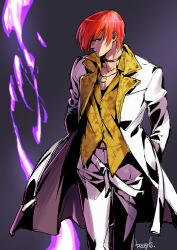Rule 34 | 1boy, absurdres, belt, black choker, choker, coat, collarbone, cowboy shot, crescent, crescent necklace, hair over one eye, hands in pockets, highres, jewelry, long coat, long sleeves, looking at viewer, loose belt, male focus, necklace, pants, red hair, short hair, signature, solo, standing, strikebeagle, the king of fighters, vest, waistcoat, white coat, white pants, yagami iori, yellow vest