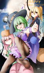 Rule 34 | 3girls, blonde hair, bloomers, bomb, breasts, bubble skirt, bustier, candle, cape, chromatic aberration, artistic error, explosive, flandre scarlet, full moon, green eyes, green hair, halloween, hat, hata no kokoro, hell.k, highres, komeiji koishi, long hair, moon, multiple girls, pantyhose, pantyhose under shorts, pink eyes, pink hair, pink skirt, plaid, plaid shirt, pumpkin, pumpkin hat, red eyes, shirt, shorts, side ponytail, skirt, small breasts, thighband pantyhose, touhou, underwear, vampire, wings, witch hat