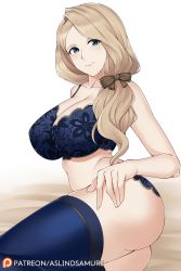 Rule 34 | 1girl, aslindsamure, ass, bare shoulders, blonde hair, blue bra, blue eyes, blue panties, blue thighhighs, blush, bow, bra, breasts, cleavage, closed mouth, collarbone, fire emblem, fire emblem: three houses, hair bow, hair over shoulder, highres, large breasts, long hair, looking at viewer, mercedes von martritz, nintendo, panties, side ponytail, solo, thighhighs, thighs, underwear, watermark, web address, white background