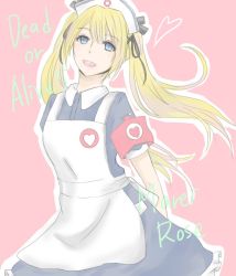 Rule 34 | 1girl, alternate costume, apron, armband, arms behind back, blonde hair, blue eyes, character name, copyright name, dead or alive, dead or alive 5, harutsuki aki, hat, heart, long hair, marie rose, nurse, nurse cap, solo, twintails