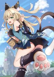 Rule 34 | 1girl, ahoge, animal ears, aqua vest, ass, black leg warmers, black shorts, black tank top, blonde hair, blue sky, box, cardboard box, cat ears, cat feet, cat girl, cat tail, cliff, cloud, crop top, detached sleeves, food delivery box, from behind, genshin impact, green eyes, hair ornament, hairclip, hand up, highres, holding, holding box, hyurasan, kirara (genshin impact), long hair, long sleeves, looking at viewer, looking back, multiple tails, nekomata, open mouth, outdoors, shorts, sky, smile, solo, standing, standing on one leg, tail, tank top, tree, two tails, upskirt