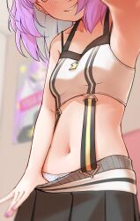 Rule 34 | 1girl, absurdres, black skirt, blurry, blurry background, blush, breasts, close-up, clothes pull, collarbone, commentary request, head out of frame, highres, hinomori anzu, indie virtual youtuber, indoors, medium hair, navel, navel focus, omattya umyao, panties, pink nails, poster (object), pulled by self, purple hair, skirt, skirt pull, small breasts, smile, solo, sports bra, stomach, suspenders, underwear, virtual youtuber, white panties, white sports bra, yellow eyes