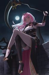 Rule 34 | 1girl, absurdres, black cape, black dress, black nails, black thighhighs, blunt bangs, blush, breasts, cape, cleavage, crossed legs, dress, full moon, highres, holding, holding scythe, hololive, hololive english, large breasts, looking at viewer, moon, mori calliope, mori calliope (1st costume), nail polish, night, night sky, pearlbbbb, pink hair, red eyes, scythe, sidelocks, single thighhigh, sky, sleeveless, sleeveless dress, smile, solo, spiked cape, thighhighs, veil, virtual youtuber