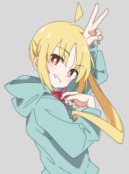 Rule 34 | 1girl, blonde hair, blush, bocchi the rock!, commentary request, grey background, grey jacket, grin, hood, hooded jacket, ijichi nijika, ixy, jacket, long hair, long sleeves, looking at viewer, red eyes, side ponytail, simple background, smile, solo, underwear, v