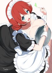 Rule 34 | 1girl, apron, black dress, blue eyes, blush, breast press, breasts, cleavage, dress, emma verde, freckles, from above, highres, holding, holding tray, huge breasts, index finger raised, long dress, looking at viewer, love live!, love live! nijigasaki high school idol club, maid, maid headdress, medium hair, open mouth, puffy short sleeves, puffy sleeves, red hair, short sleeves, solo, tarakon, tray, waist apron, white apron, wrist cuffs