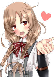 Rule 34 | 1girl, arm warmers, bow, bowtie, braid, cloud hair ornament, gradient hair, heart, highres, himura moritaka, kantai collection, light brown hair, long hair, looking at viewer, minegumo (kancolle), multicolored hair, open mouth, plaid, plaid bow, plaid bowtie, plaid neckwear, red bow, red bowtie, red eyes, school uniform, shirt, short sleeves, simple background, skirt, smile, solo, suspender skirt, suspenders, twin braids, upper body, white background, white shirt