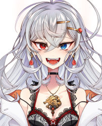 Rule 34 | 1girl, ahoge, bare shoulders, black choker, blue eyes, blush, breasts, camisole, choker, cluseller, coat, collarbone, cropped, crystal, earrings, female focus, gem, grey hair, hair ornament, hairclip, happy, heterochromia, huge ahoge, indie virtual youtuber, jewelry, lab coat, lace trim, light blush, long hair, looking at viewer, messy hair, necklace, off shoulder, open mouth, pendant, red eyes, red gemstone, sharp teeth, sidelocks, simple background, siragumo raimu, skindentation, small breasts, smile, solo, straight-on, strap slip, teeth, tongue, upper body, virtual youtuber, white background, white coat