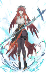 Rule 34 | 1girl, bare shoulders, breasts, brooch, claws, closed mouth, coif, curvy, elbow gloves, fishnet pantyhose, fishnets, full body, genshin impact, gloves, habit, highres, holding, holding polearm, holding spear, holding weapon, jewelry, large breasts, long hair, pantyhose, polearm, red eyes, red hair, rosaria (genshin impact), skirt, sleeveless, sleeveless turtleneck, solo, spear, standing, thigh strap, tiara, turtleneck, weapon, zxcqxxw