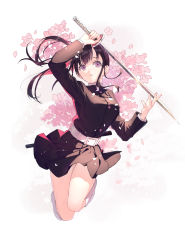 Rule 34 | 1girl, belt, belt buckle, black hair, black shirt, black skirt, boots, breasts, buckle, buttons, cherry blossoms, feet up, floral background, flower, full body, highres, holding, holding sword, holding weapon, katana, kimetsu no yaiba, long hair, looking to the side, medium breasts, nagaya (nagayou), parted lips, pink eyes, pink flower, plaid, plaid skirt, reverse grip, sheath, shirt, side ponytail, skirt, solo, sword, tsuyuri kanao, unsheathed, weapon, white background, white belt, white footwear