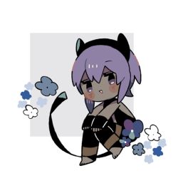 Rule 34 | 1girl, :&gt;, bare shoulders, black bodysuit, black gloves, blue flower, blush stickers, bodysuit, chibi, dark-skinned female, dark skin, fate/prototype, fate/prototype: fragments of blue and silver, fate (series), fingerless gloves, flower, futong jun, gloves, hair between eyes, hands on own knees, hassan of serenity (fate), leotard, looking at viewer, lowres, no shoes, parted lips, purple eyes, purple hair, sitting, solo, triangle mouth, white flower