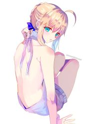 Rule 34 | 1girl, 2017, ahoge, alternate costume, aran sweater, artoria pendragon (all), artoria pendragon (fate), astarone, back, back focus, backless outfit, bare back, blonde hair, braid, cable knit, dated, dress, fate/grand order, fate/stay night, fate (series), from behind, green eyes, halterneck, long hair, looking at viewer, looking back, meme attire, naked sweater, parted lips, ribbed sweater, saber (fate), sidelocks, simple background, solo, sweater, sweater dress, turtleneck, turtleneck sweater, virgin killer sweater, white background
