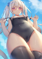 Rule 34 | 1girl, alexmaster, bare arms, bare shoulders, black one-piece swimsuit, black thighhighs, blue flower, blue sky, blush, breasts, cameltoe, cloud, covered navel, day, flower, foreshortening, from below, hair between eyes, hair flower, hair ornament, heart, heart-shaped pupils, long hair, looking at viewer, one-piece swimsuit, original, outdoors, purple eyes, silver hair, skindentation, sky, small breasts, smile, solo, standing, strap pull, sunlight, swimsuit, symbol-shaped pupils, thighhighs, thighs, twintails, v-shaped eyebrows, very long hair