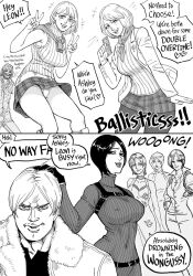 Rule 34 | 2girls, ada wong, ashley graham, bb (baalbuddy), capcom, commentary, dual persona, english commentary, english text, highres, leon s. kennedy, luis sera, monochrome, multiple girls, no way fag (meme), resident evil, resident evil 4