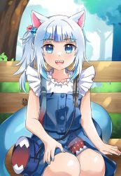 Rule 34 | 1girl, animal ears, blue eyes, blue hair, blunt bangs, cat ears, fins, fish tail, gawr gura, gawr gura (casual), highres, hololive, hololive english, looking at viewer, maroonabyss, medium hair, multicolored hair, official alternate costume, shark tail, sharp teeth, silver hair, smile, solo, streaked hair, tail, teeth, two side up, virtual youtuber