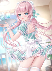 Rule 34 | 1girl, animal ears, ass, backless dress, backless outfit, bear ears, blue eyes, blue sky, blush, cloud, cloudy sky, commentary request, cup, day, dress, drink, drinking glass, frilled dress, frills, from behind, green dress, highres, holding, holding tray, horizon, ice, ice cube, indoors, kohinata hoshimi, long hair, looking at viewer, looking back, low twintails, maid headdress, ocean, open mouth, original, panties, pink hair, pleated dress, railing, sky, solo, striped clothes, striped dress, striped panties, thighhighs, tray, twintails, underwear, vertical-striped clothes, vertical-striped dress, very long hair, waitress, water, white thighhighs, window