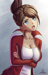 Rule 34 | 1girl, artist name, asahina aoi, blue eyes, breasts, brown hair, cleavage, collarbone, crossed arms, danganronpa: trigger happy havoc, danganronpa (series), floating hair, hair ornament, hairclip, high ponytail, highres, jacket, kami mitsugu (kamiken), looking up, medium breasts, open clothes, open jacket, open mouth, parted bangs, red jacket, shirt, solo, upper body, white shirt