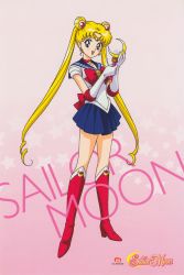 Rule 34 | 1990s (style), 1girl, back bow, bishoujo senshi sailor moon, blonde hair, blue eyes, blue skirt, boots, bow, character name, choker, copyright name, crescent, crescent earrings, double bun, earrings, elbow gloves, full body, gloves, hair bun, highres, holding, jewelry, knee boots, leotard, logo, long hair, magical girl, miniskirt, official art, open mouth, pink background, pink footwear, pleated skirt, retro artstyle, sailor collar, sailor moon, sailor senshi, skirt, solo, standing, star (symbol), starry background, tiara, tsukino usagi, twintails, very long hair