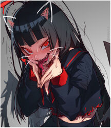 Rule 34 | 1girl, black hair, black sailor collar, black serafuku, black skirt, black wings, blood, blood on face, blue archive, blush, breasts, commentary, drawn ears, drawn whiskers, grey background, heart, highres, large breasts, long hair, long sleeves, long tongue, looking at viewer, neckerchief, open mouth, red eyes, red neckerchief, sailor collar, saliva, school uniform, serafuku, sharp teeth, simple background, skirt, solo, sweat, symbol-only commentary, teeth, tongue, tongue out, torn clothes, trembling, tsurugi (blue archive), undone neckerchief, very long hair, waa153, wings