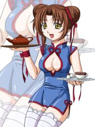 Rule 34 | 00s, 1girl, aru ra une, blue dress, blue skirt, breasts, brown eyes, brown hair, china dress, chinese clothes, cleavage, cleavage cutout, clothing cutout, double bun, dress, earrings, eclair (kiddy grade), hair bun, jewelry, kiddy grade, orange channel, panties, pantyshot, short dress, skirt, solo, standing, tea, thighhighs, underwear, waitress, white panties, white thighhighs, zoom layer