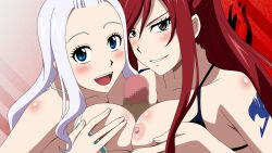 Rule 34 | 1boy, 2girls, bikini, bikini top only, black eyes, blue eyes, blush, breast press, breasts, breasts squeezed together, censored, cooperative paizuri, disembodied penis, erza scarlet, fairy tail, ffm threesome, group sex, highres, large breasts, long hair, looking at viewer, mirajane strauss, mosaic censoring, multiple girls, nipples, open mouth, paizuri, penis, red hair, simple background, smile, swimsuit, tattoo, teamwork, threesome, white hair