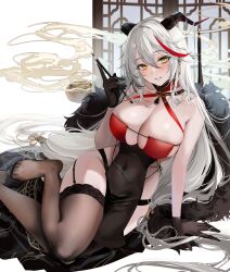 Rule 34 | 1girl, aegir (azur lane), aegir (golden dragon among auspicious clouds) (azur lane), arm support, azur lane, bare arms, bare shoulders, black dress, black garter straps, black gloves, black thighhighs, blush, breasts, calligraphy brush, china dress, chinese clothes, cleavage, covered navel, criss-cross halter, dragon horns, dress, earrings, feet, foot out of frame, garter straps, gloves, halterneck, hand up, highres, holding, holding calligraphy brush, holding paintbrush, horn ornament, horns, incense, jewelry, large breasts, leaning to the side, long hair, momokan (kandume200), multicolored hair, no shoes, official alternate costume, paid reward available, paintbrush, panty straps, parted lips, pelvic curtain, red dress, red hair, sitting, sleeveless, sleeveless dress, slit pupils, smile, smoke, solo, streaked hair, tassel, thighhighs, thighs, toes, two-tone dress, white background, white hair, yellow eyes, yokozuwari