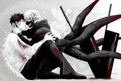 Rule 34 | 10s, 2boys, amon koutarou, black hair, black nails, blood, blood on face, blood on clothes, dress shirt, eye contact, formal, highres, holding, hood, hoodie, hug, kagune (tokyo ghoul), kaneki ken, looking at another, male focus, mask, monochrome, monster boy, multiple boys, nail polish, necktie, red eyes, shirt, short hair, sitting, sleeves rolled up, spot color, suit, tears, tentacles, tokyo ghoul, turtleneck, weapon, white hair, yaoi