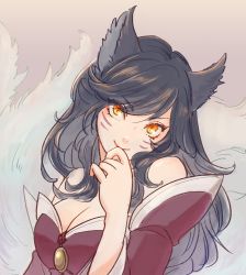 Rule 34 | 1girl, ahri (league of legends), animal ears, bare shoulders, black hair, breasts, cleavage, closed eyes, eyes visible through hair, facial mark, fox ears, fox tail, kokeshi24, league of legends, long hair, orange eyes, slit pupils, smile, solo, tail, white tail