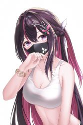 Rule 34 | 1girl, absurdres, azki (hololive), black hair, bracelet, braid, breasts, cleavage, colored inner hair, hair between eyes, hair ornament, highres, hololive, jewelry, large breasts, long hair, mask, mouth mask, multicolored hair, pink hair, purple eyes, shira jun, solo, sports bra, two-tone hair, upper body, virtual youtuber, white sports bra