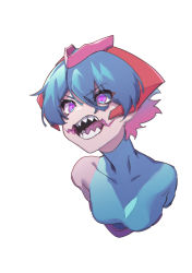Rule 34 | 1girl, blue hair, facial mark, fangs, highres, kamen rider, kamen rider revi, kamen rider revice, off shoulder, open mouth, pink eyes, rider-tan, sharp teeth, simple background, sixbane, solo, teeth, white background