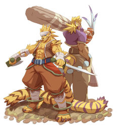Rule 34 | 2boys, animal ears, bandages, birry, blonde hair, breath of fire, breath of fire iii, breath of fire iv, capcom, cat ears, cat tail, club (weapon), cray (breath of fire), dagger, facial mark, fur, green eyes, knife, multiple boys, rei (breath of fire), tail, weapon